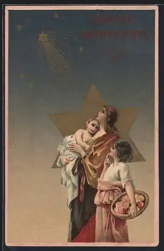 Präge-AK Weihnachten, Frau mit Tochter und Kleinkind vor Sternenhimmel