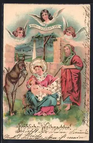 Präge-AK Weihnachtsengel besuchen die Heilige Familie