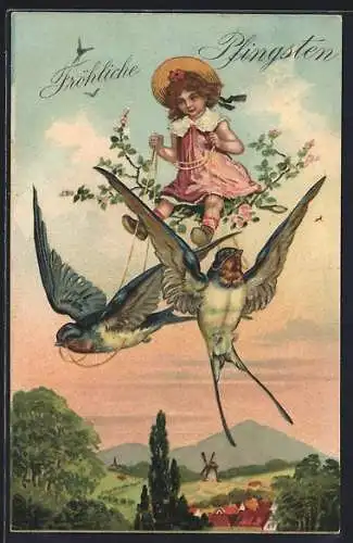 Präge-AK Mädchen lässt sich von Schwalben durch die Lüfte ziehen, Pfingstgruss