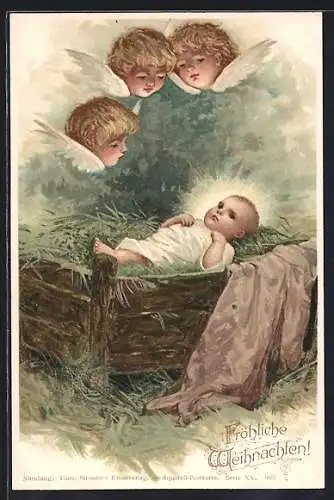 AK Weihnachtsengel schweben über dem Christkind