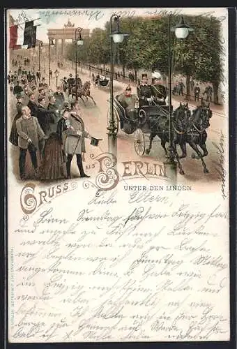 Lithographie Berlin, Strasse Unter den Linden mit Brandenburger Tor und Pferdekutschen