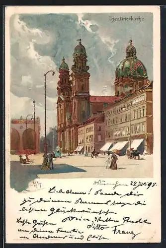 Goldfenster-AK München, Theatinerkirche mit leuchtenden Fenstern