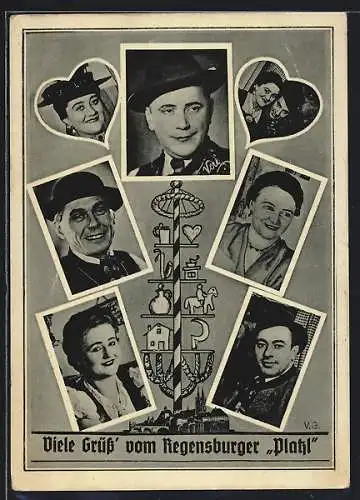 AK Regensburg, Maibaum mit Wirtshausgästen, Gasthaus Regensburger Platzl