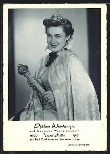 AK Bad Dürkheim an der Weinstrasse, Pfälzer Weinköniging und Deutsche Weinprinzessin 1950 & 1951 Trudel Keller
