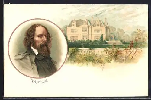 Lithographie Tennyson, Portrait und Gebäudeansicht