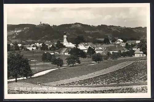 AK St. Veit /Mühlkreis, Ortspanorama mit Landstrasse und Feldern
