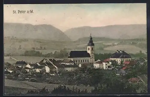 AK St. Peter a. W., Gesamtansicht mit Bergpanorama aus der Vogelschau