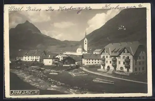 AK Galtür, Totalansicht mit Fluss u. Bergspitze aus der Vogelschau