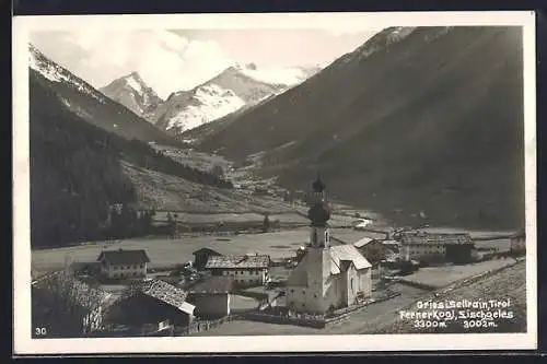 AK Gries, Ortsansicht mit Kirche und Blick zum Fernerkogl