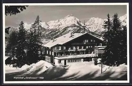 AK Schwaz /Tirol, Alpengasthof Grafenast mit Bergpanorama im Winter
