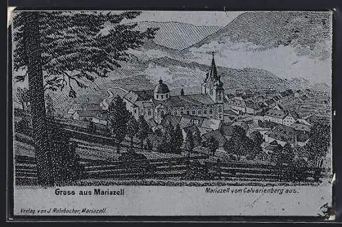 Künstler-AK Mariazell, Ortsansicht vom Calvarienberg aus