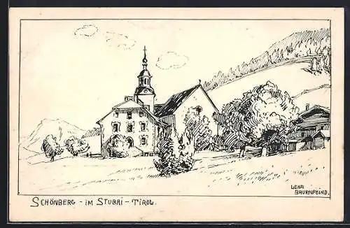 Künstler-AK Schönberg im Stubai, Ortsansicht und Kirche