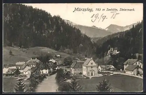 AK Mürzsteg, Ortspartie Fluss & Strasse