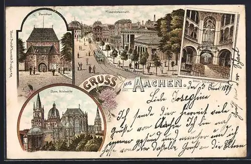 Lithographie Aachen, Dom Südseite, Innenansicht, Elisenbrunnen mit Strassenbahn