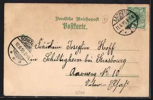 Lithographie Aachen, Dom Südseite, Innenansicht, Elisenbrunnen mit Strassenbahn