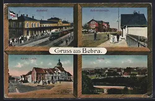 AK Bebra, Bahnhof mit einfahrendem Zug, Strassenpartie an der Linde