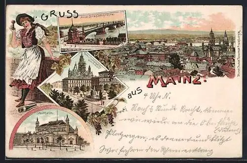 Lithographie Mainz, Dom und Gutenbergdenkmal, Stadthalle