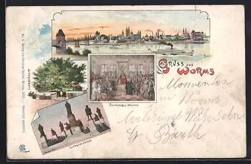 Lithographie Worms / Rhein, Lutherdenkmal, Reichstag. Ortspanorama