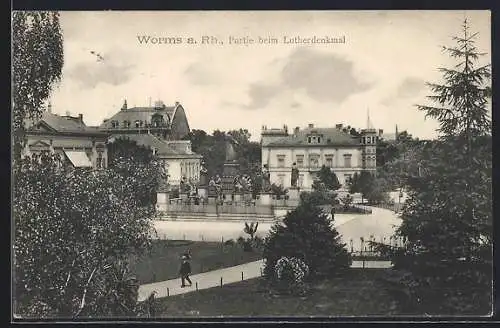 AK Worms a. Rh., Ortspartie beim Lutherdenkmal