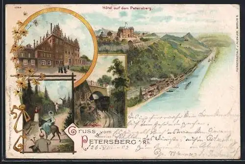 Lithographie Petersberg /Rh., Hotel auf Berg, Zentralbahn, Frau auf Pferd