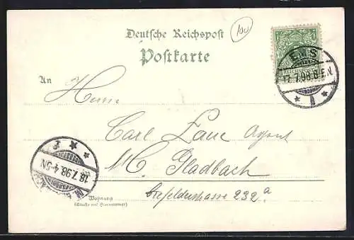 Lithographie Bad Ems, Kursaal, Kriegerdenkmal, Totalansicht