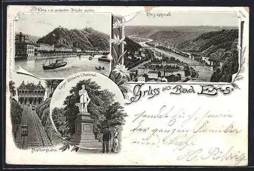 Lithographie Bad Ems, Panoramaansicht, Kaiser Wilhelm-Denkmal, Malbergbahn