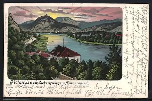 Lithographie Rolandseck, Ortsansicht mit Nonnenwerth
