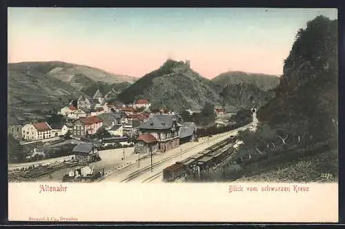 Lithographie Altenahr, Generalansicht mit dem Bahnhof im Vordergrund