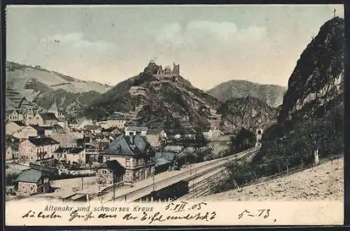 AK Altenahr, Gesamtansicht mit Bahnhof und schwarzem Kreuz