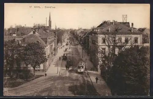 AK Kehl, Hauptstrasse mit Strassenbahn von oben gesehen