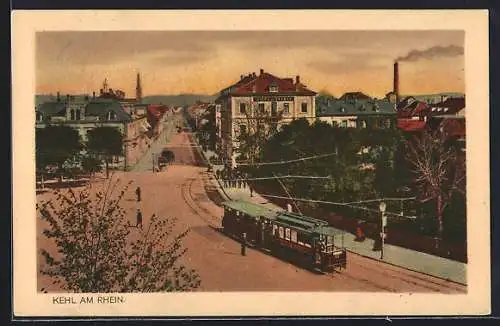 AK Kehl, Ortsansicht mit Strassenbahn