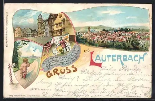 Lithographie Lauterbach / Hessen, Weinendes Kind mit roter Socke, Marktplatz, Ortsansicht