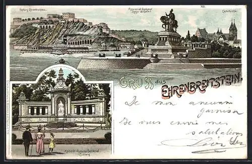 Lithographie Ehrenbreitstein, Kaiserin-Augusta-Denkmal, Castorkirche, Denkmal Kaiser Wilhelm I., Festung
