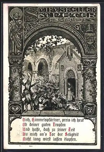 Künstler-AK Salzburg, Stiftskirche St. Peter, Himmelspförtner Petrus, Zwerge und feiernde Leute