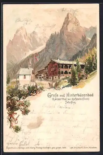 Lithographie Hinterbärenbad, Kleine Kapelle und Wirtschaft