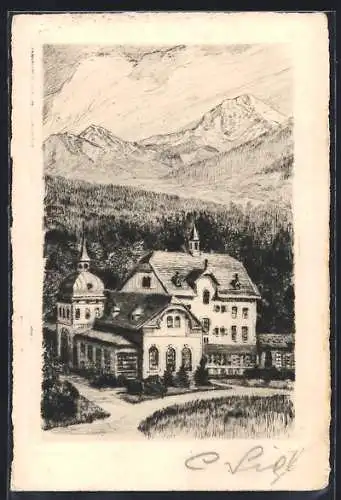 Künstler-AK Villach, Warmbad mit Mittagskogel