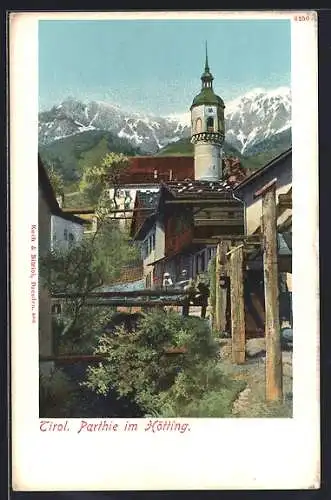 AK Hötting /Tirol, Ortspartie mit Turm und Bergpanorama