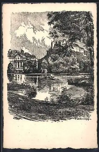 Künstler-AK Salzburg, Leopoldskron, Schloss mit Bootspartie