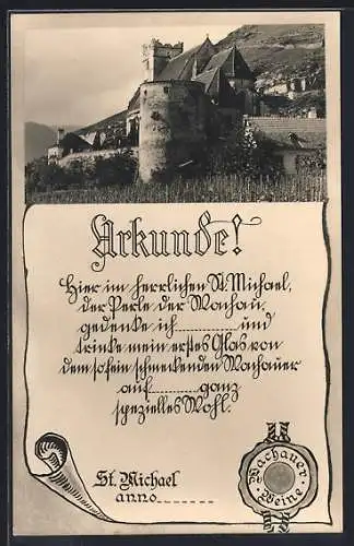 AK St. Michael /Wachau, Wehrkirche mit Turm, Urkunde über Weingenuss