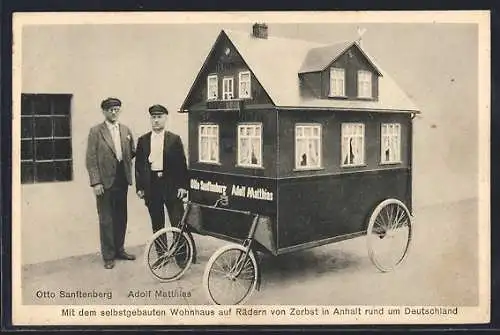 AK Otto Sanftenberg und Adolf Matthias bei der Expedition im selbstgebauten Wohnhaus auf Rädern