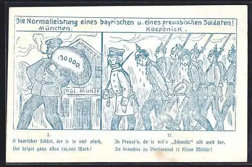 Künstler-AK Bayerischer Soldat mit 130000 Mark und preussische Soldaten mit 4000 Mark