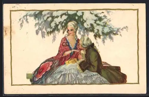 Künstler-AK Barockes Paar unter einer verschneiten Tanne, Art Deco