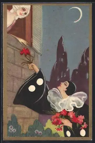 Künstler-AK Pierrot reicht einer Dame eine Blume durchs Fenster, Art Deco