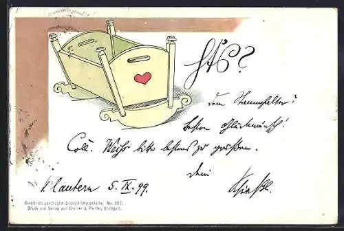 Künstler-AK Rebus Wie geht`s? mit einer Wiege