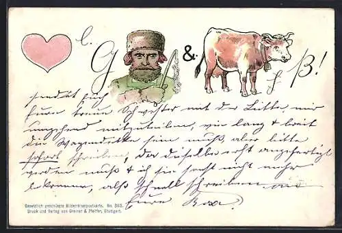 AK Rebus Herzlichen Gruss und Kuss mit Russe und Kuh