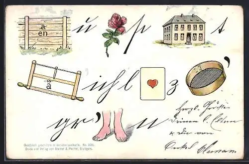 Künstler-AK Rebus mit Zaun, Rose, Säge, Herz und Sieb