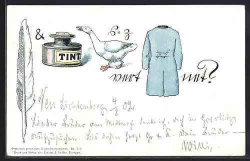 AK Rebus mit Feder, Tinte, Gans und Mantel