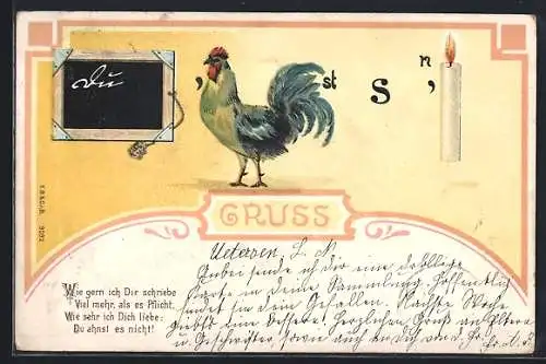 AK Rebus-Bilderrätsel, Schultafel, Hahn und Kerze