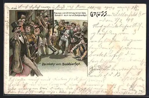 Lithographie Heimkehr vom Bockbierfest