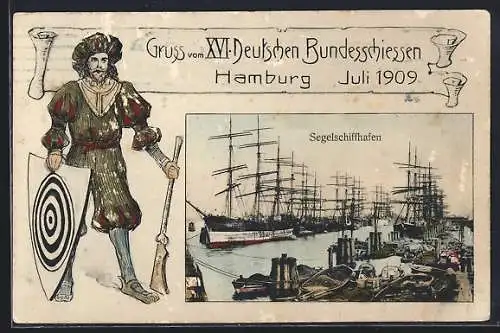 AK Hamburg, XVI. Deutsches Bundesschiessen 1909, Segelschiffhafen und Schütze